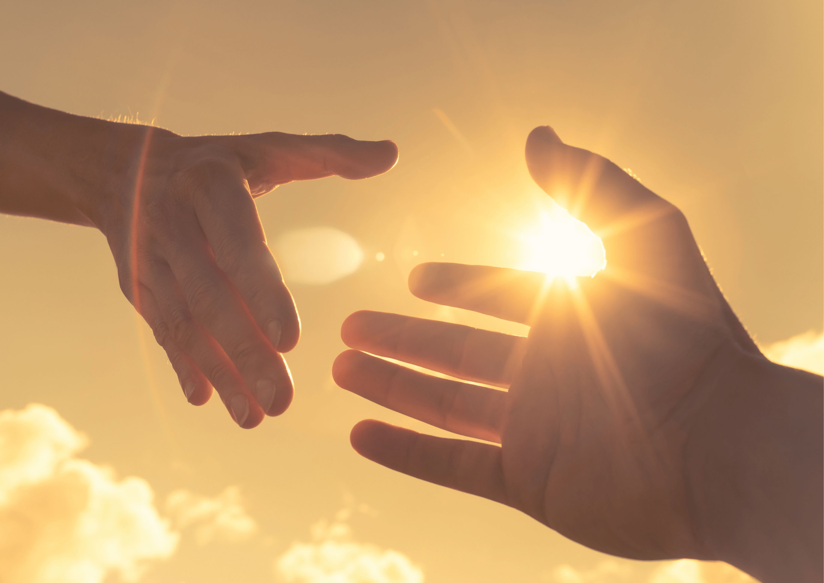 Hands meeting in sunlight
